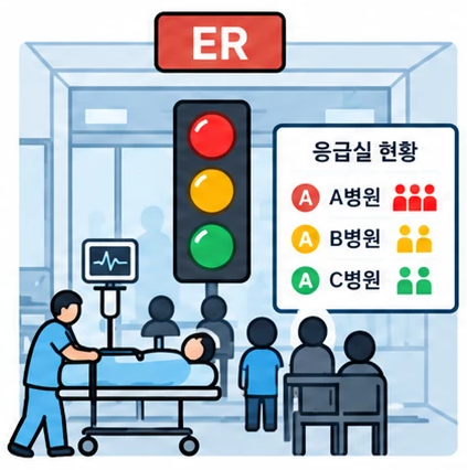 응급실 혼잡도를 신호등과 병원별 현황판으로 보여 주는 모습